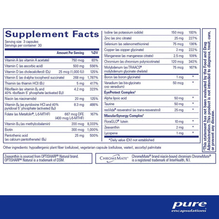 Supplement facts label for multivitamin capsules showing ingredients and daily values.