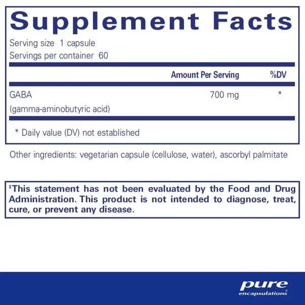 Supplement Facts label for GABA capsules, 700 mg per serving, ingredients and disclaimer.