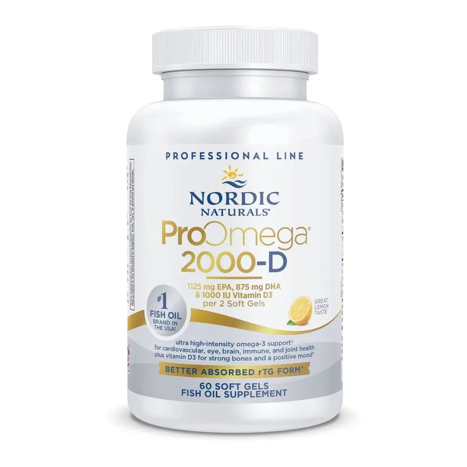 Nordic Naturals ProOmega 2000-D fish oil supplement bottle with lemon flavor, 60 soft gels