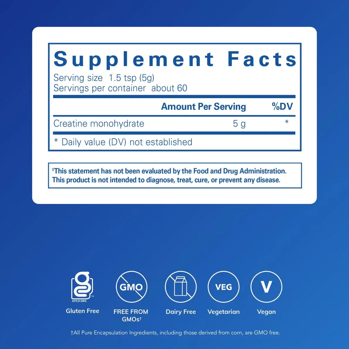 Creatine monohydrate supplement facts label showing gluten free, GMO free, dairy free, vegetarian, vegan icons