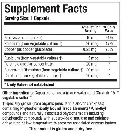 Supplement facts label showing zinc, selenium, copper, and other trace minerals per capsule.
