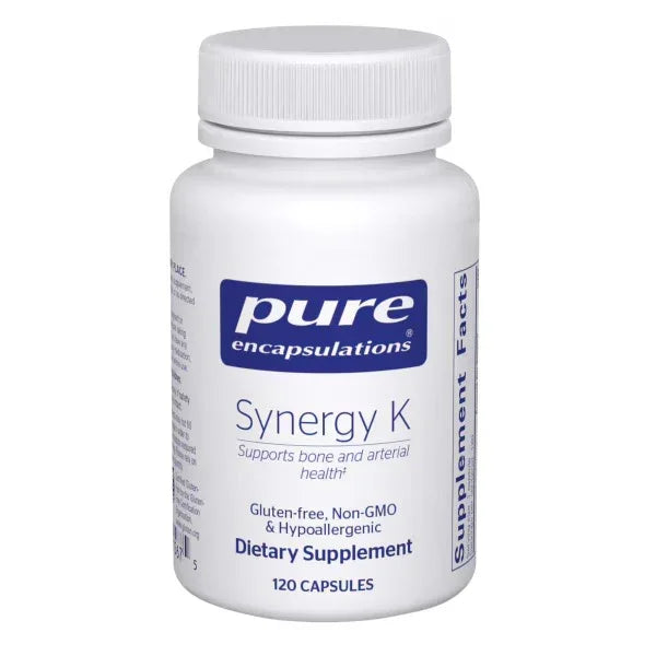 Pure Encapsulations Synergy K dietary supplement bottle, 120 capsules, gluten-free, non-GMO