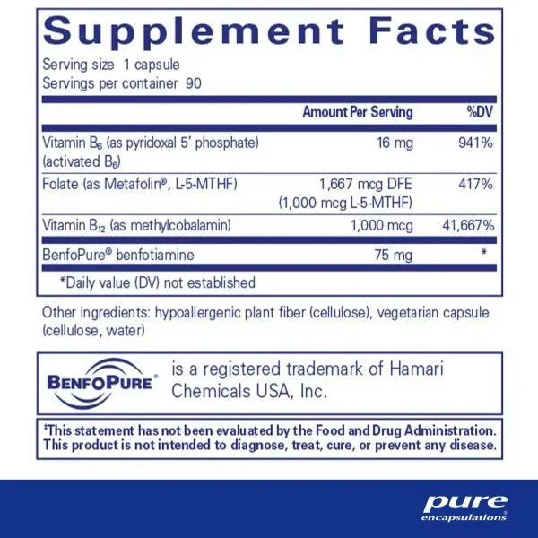 Supplement Facts label showing B6, folate, B12, and benfotiamine capsule ingredients.