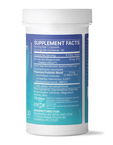 White bottle of probiotic supplement with zinc and EpiCor, showing supplement facts label.