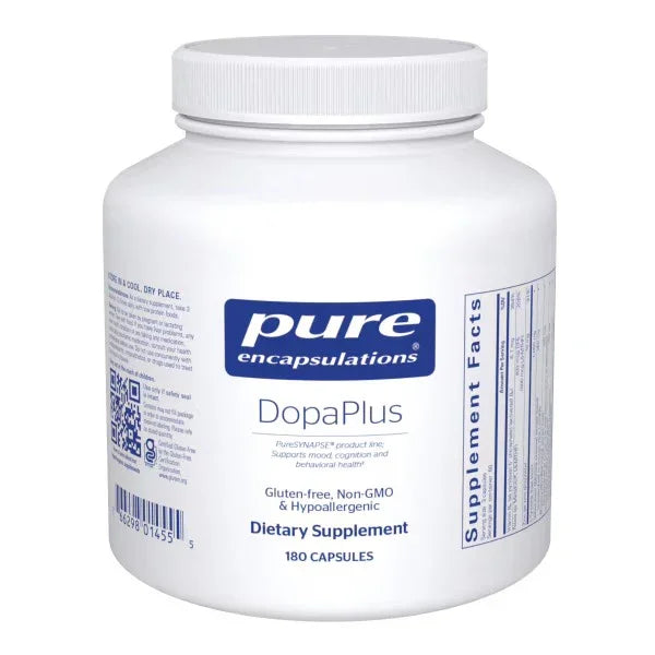 Pure Encapsulations DopaPlus dietary supplement bottle, 180 capsules, gluten-free, non-GMO.