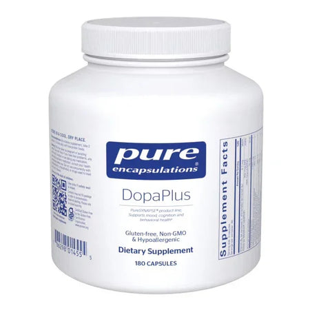 Pure Encapsulations DopaPlus dietary supplement bottle, 180 capsules, gluten-free, non-GMO.