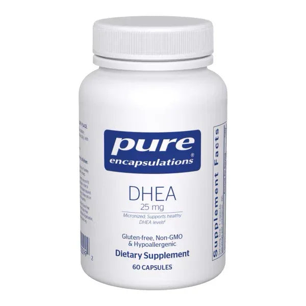 Pure Encapsulations DHEA 25 mg dietary supplement bottle, 60 capsules, gluten-free, non-GMO