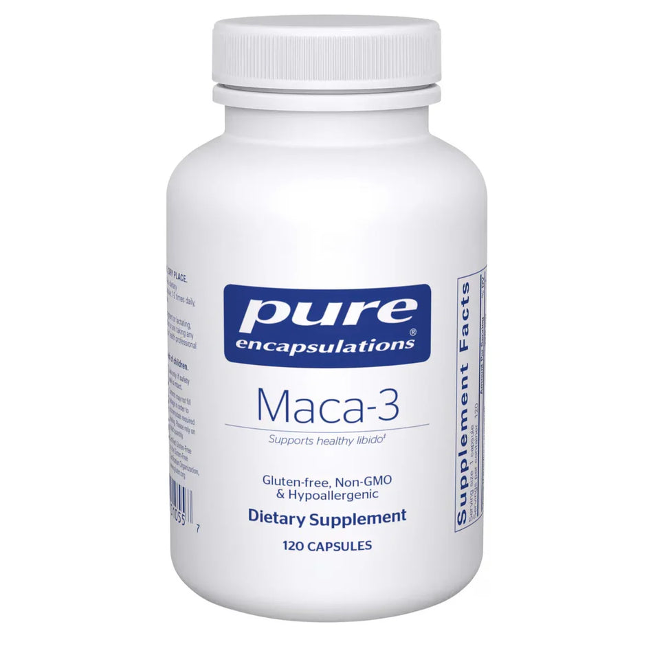 Pure Encapsulations Maca-3 dietary supplement bottle, 120 capsules, gluten-free, non-GMO