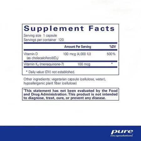 Supplement facts label showing Vitamin D3 4000 IU and Vitamin K2 100 mcg per capsule.