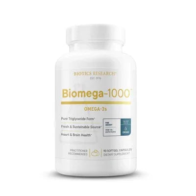 Biomega-1000 Omega-3s supplement bottle for heart and brain health, 90 softgel capsules