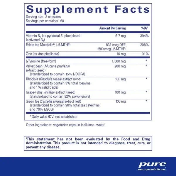 Supplement facts label for capsules with vitamins, minerals, amino acids, herbal extracts.