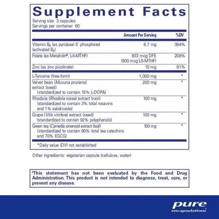 Supplement facts label for capsules with vitamins, minerals, amino acids, herbal extracts.
