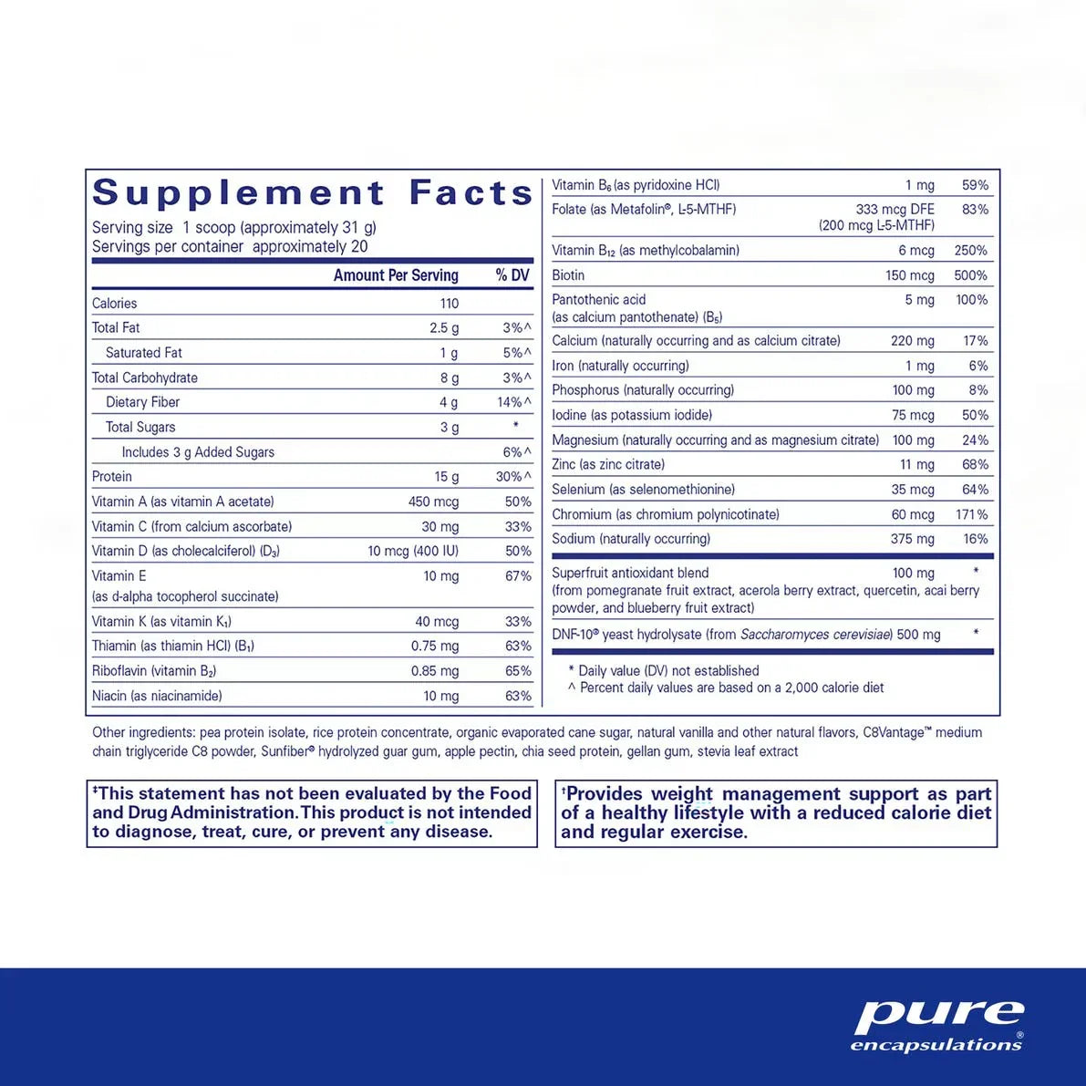 Supplement facts label for protein powder with vitamins, minerals, and antioxidant blend.