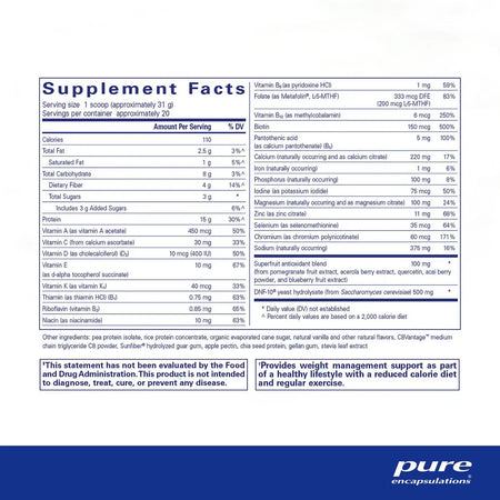 Supplement facts label for protein powder with vitamins, minerals, and antioxidant blend.