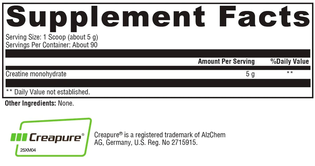 Supplement facts label showing creatine monohydrate, 5g per serving, no other ingredients.