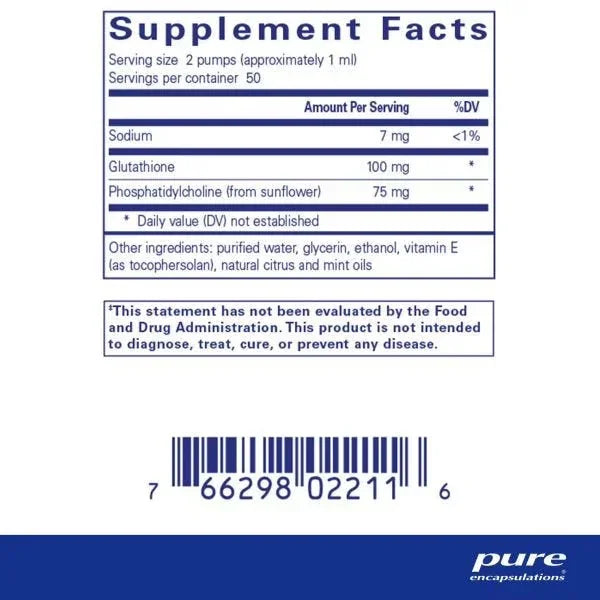 Supplement facts label for glutathione liquid with ingredients and nutrition information.