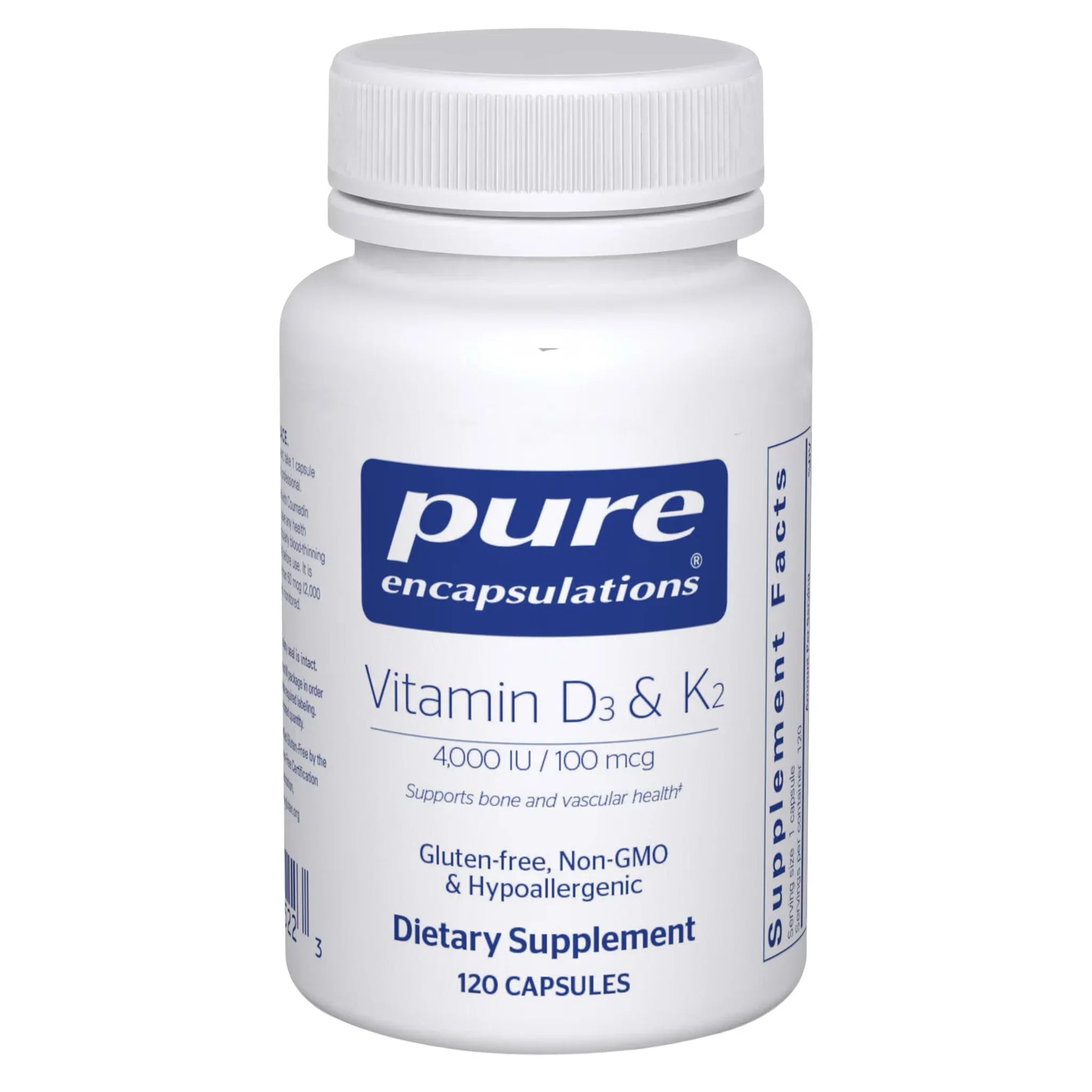 Pure Encapsulations Vitamin D3 and K2 dietary supplement bottle, 120 capsules, front label visible.