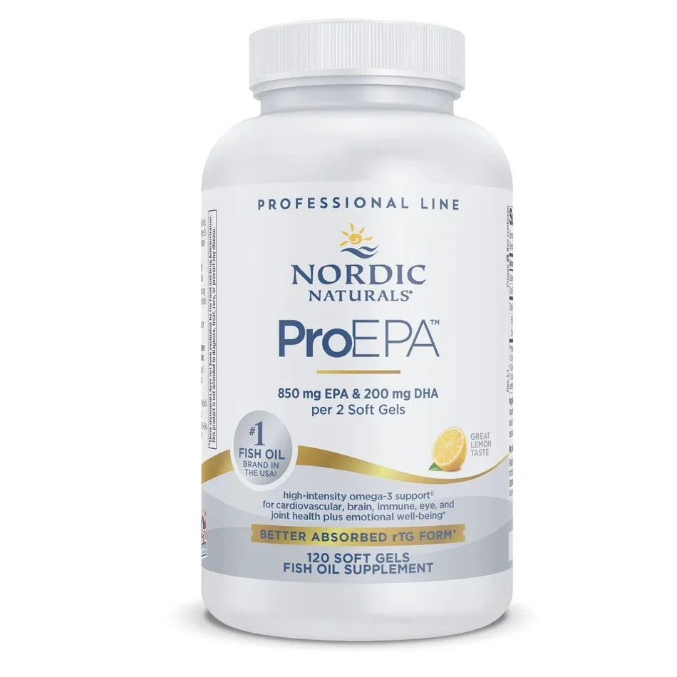 Nordic Naturals ProEPA fish oil supplement bottle, 120 soft gels, omega-3 with EPA and DHA