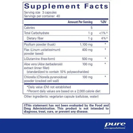 Supplement facts label for capsules with psyllium, flax, L-glutamine, aloe, chlorella