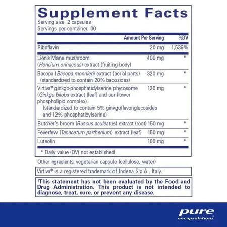 Supplement facts label listing riboflavin, lion's mane mushroom, bacopa extract, ginkgo-phosphatidylserine phytosome, butchers broom, feverfew, luteolin, and other ingredients.