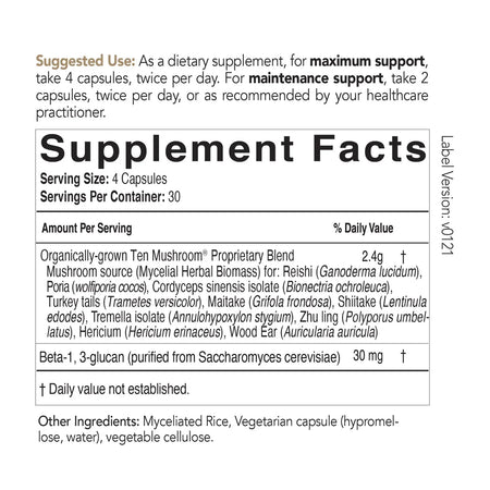 Supplement facts label for mushroom blend capsules, listing ingredients like reishi, shiitake, maitake, beta-glucan, serving size, and usage directions.