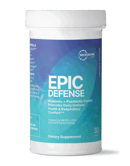 Epic Defense probiotic and postbiotic dietary supplement bottle for immune health support