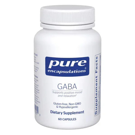Pure Encapsulations GABA dietary supplement bottle, 60 capsules, white background