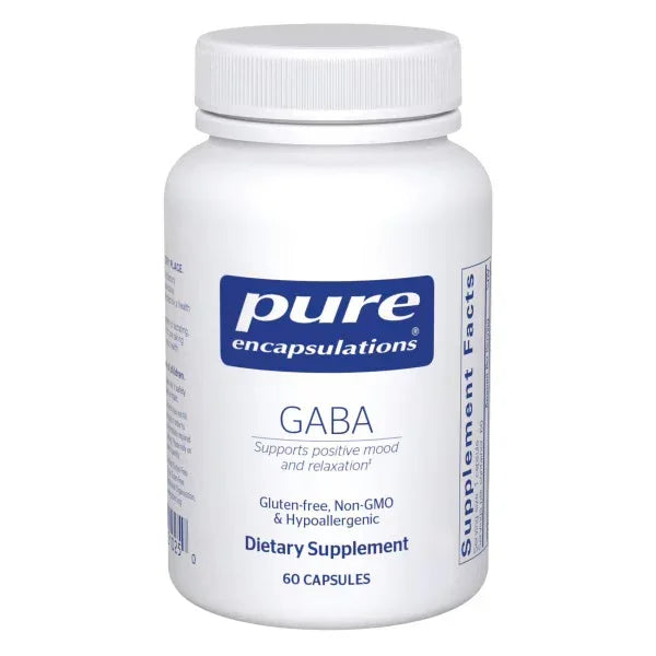 Pure Encapsulations GABA dietary supplement bottle, 60 capsules, white background