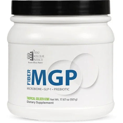 Ortho Molecular Products Fiber MGP dietary supplement container, prebiotic gut health powder.