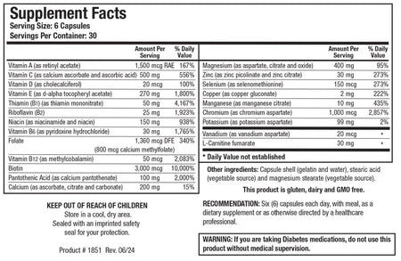 Supplement facts label showing daily values for vitamins, minerals, and nutrients in capsules