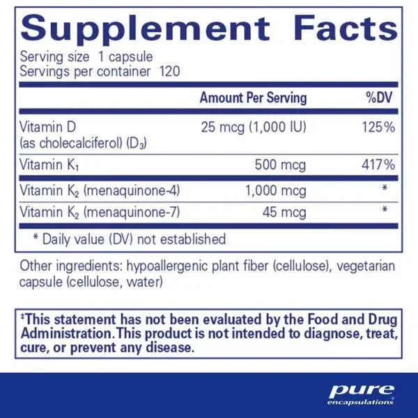 Supplement Facts label listing vitamin D3, vitamin K1, and vitamin K2 dosages per capsule.