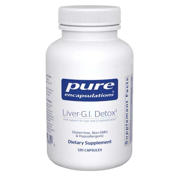 Pure Encapsulations Liver-G.I. Detox dietary supplement bottle, 120 capsules, gluten-free