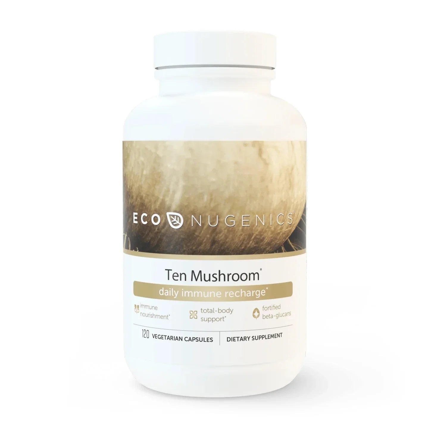EcoNugenics Ten Mushroom daily immune recharge dietary supplement bottle, 120 vegetarian capsules