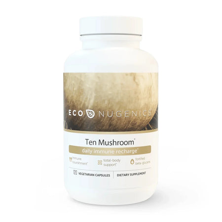 EcoNugenics Ten Mushroom daily immune recharge dietary supplement bottle, 120 vegetarian capsules