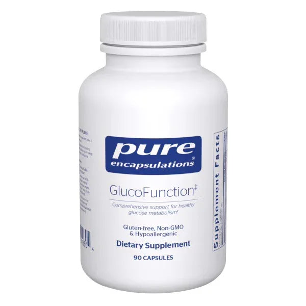 Pure Encapsulations GlucoFunction dietary supplement bottle, 90 capsules, for glucose metabolism support