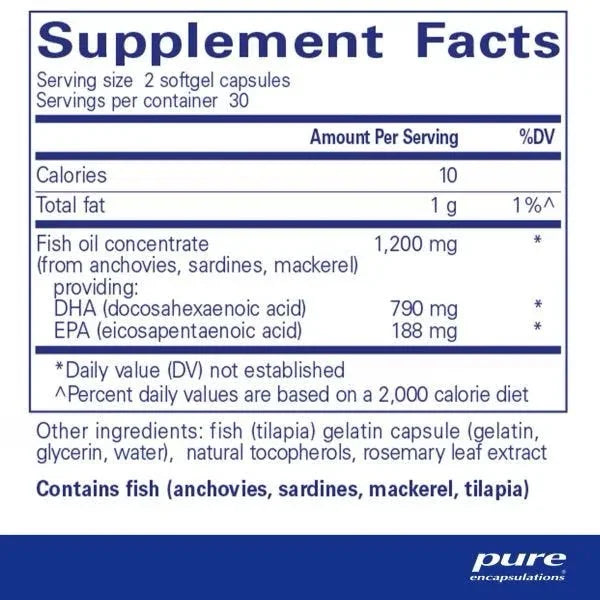 Fish oil supplement facts label showing DHA, EPA content and ingredient list.