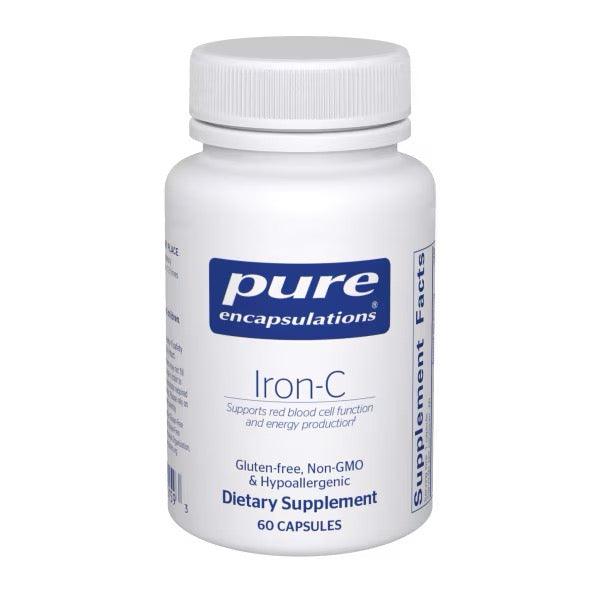Pure Encapsulations Iron-C dietary supplement bottle, 60 capsules, white background