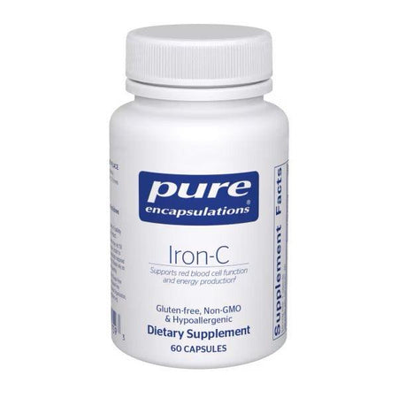 Pure Encapsulations Iron-C dietary supplement bottle, 60 capsules, white background