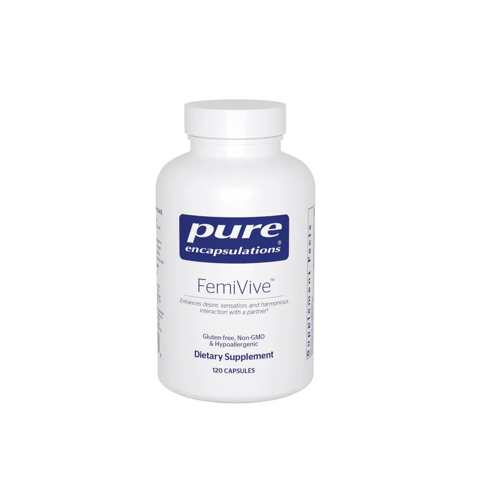 Pure Encapsulations FemiVive dietary supplement bottle, 120 capsules, on white background