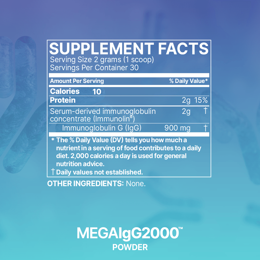 Supplement facts label for MEGAIgG2000 powder with nutrition information on blue background.