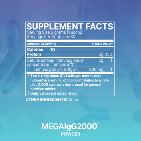 Supplement facts label for MEGAIgG2000 powder with nutrition information on blue background.