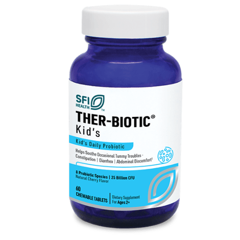 Blue bottle of Ther-Biotic Kid's daily probiotic chewable tablets for children