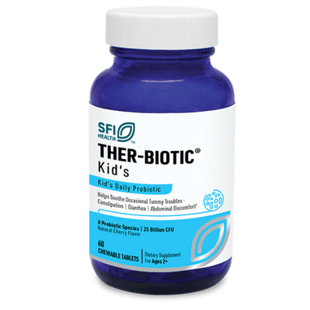Blue bottle of Ther-Biotic Kid's daily probiotic chewable tablets for children