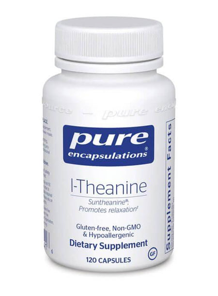 Bottle of l-Theanine dietary supplement with 120 capsules, gluten-free, non-GMO, hypoallergenic.