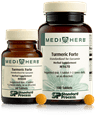 Two MediHerb Turmeric Forte supplement bottles with tablets in front, herbal supplement