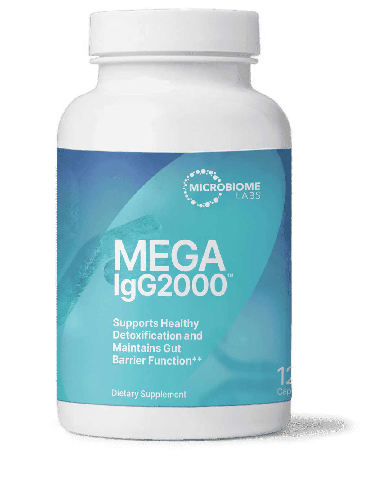 Mega IgG2000 dietary supplement capsules bottle for gut health and detox support