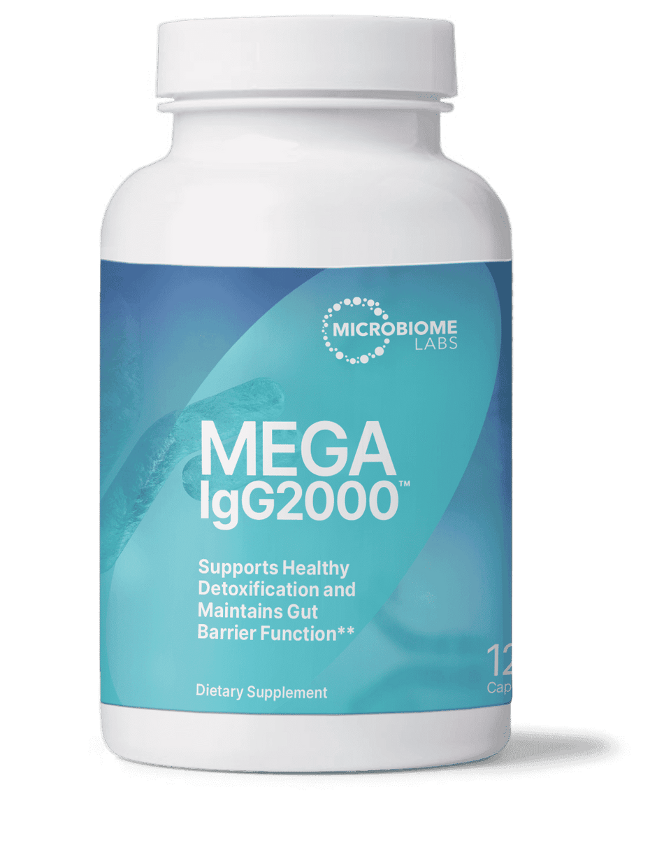 Mega IgG2000 dietary supplement capsules bottle for gut health and detox support