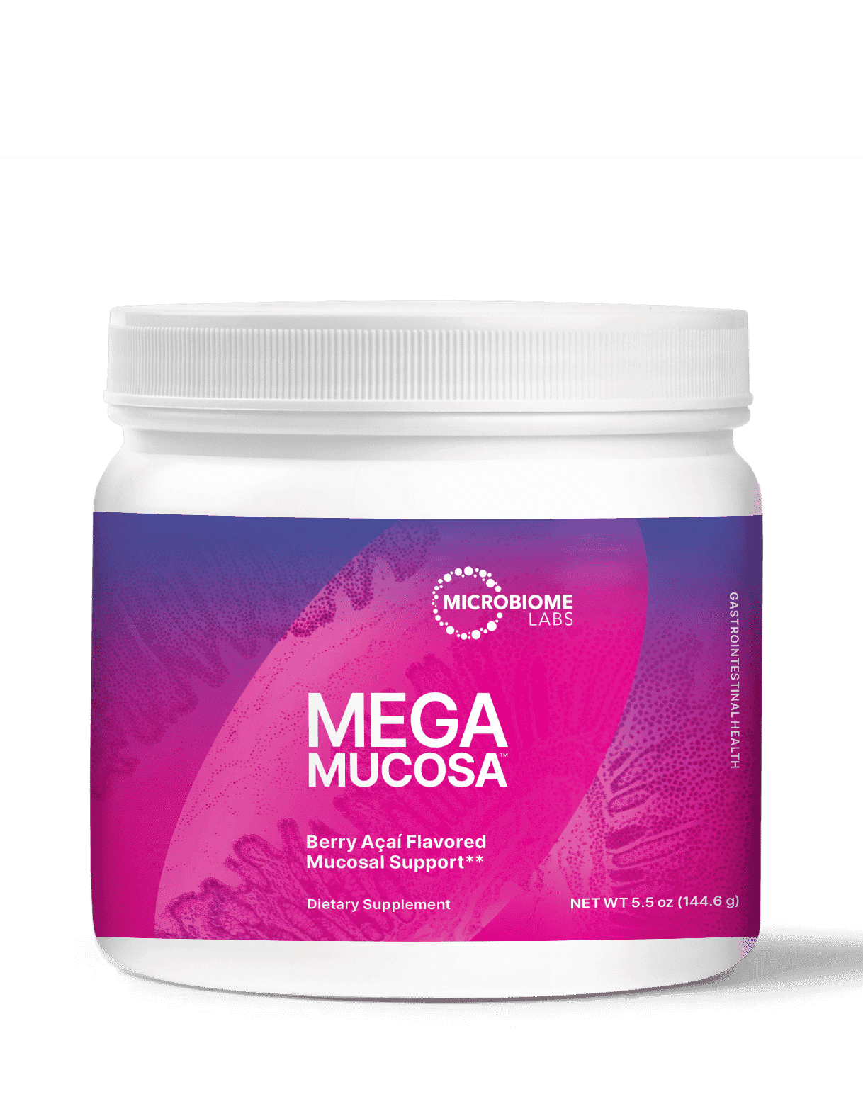 MegaMucosa powder dietary supplement jar, berry açai flavored mucosal support