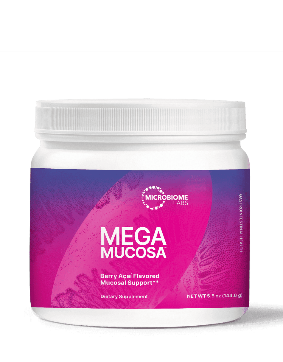MegaMucosa powder dietary supplement jar, berry açai flavored mucosal support