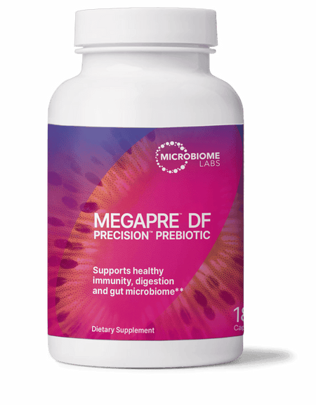 MegaPre DF precision prebiotic capsules dietary supplement bottle, gut health support